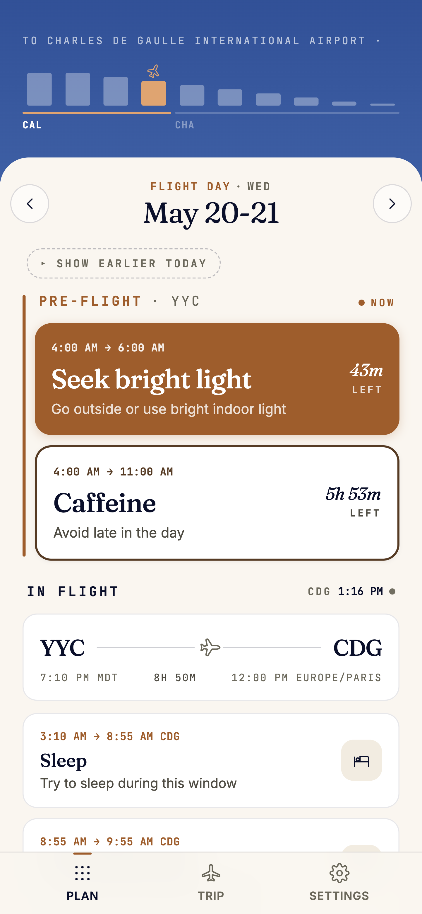 Jetlag Coach jet lag app showing a personalized plan screen